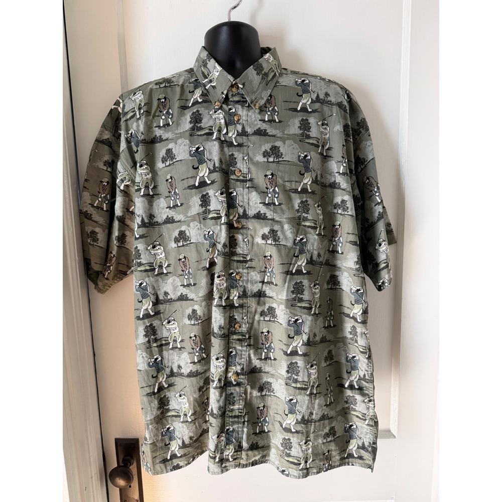 Big Dogs Golfing Print Button Down Mens XL Green vtg Short Sleeve Cotton Shirt